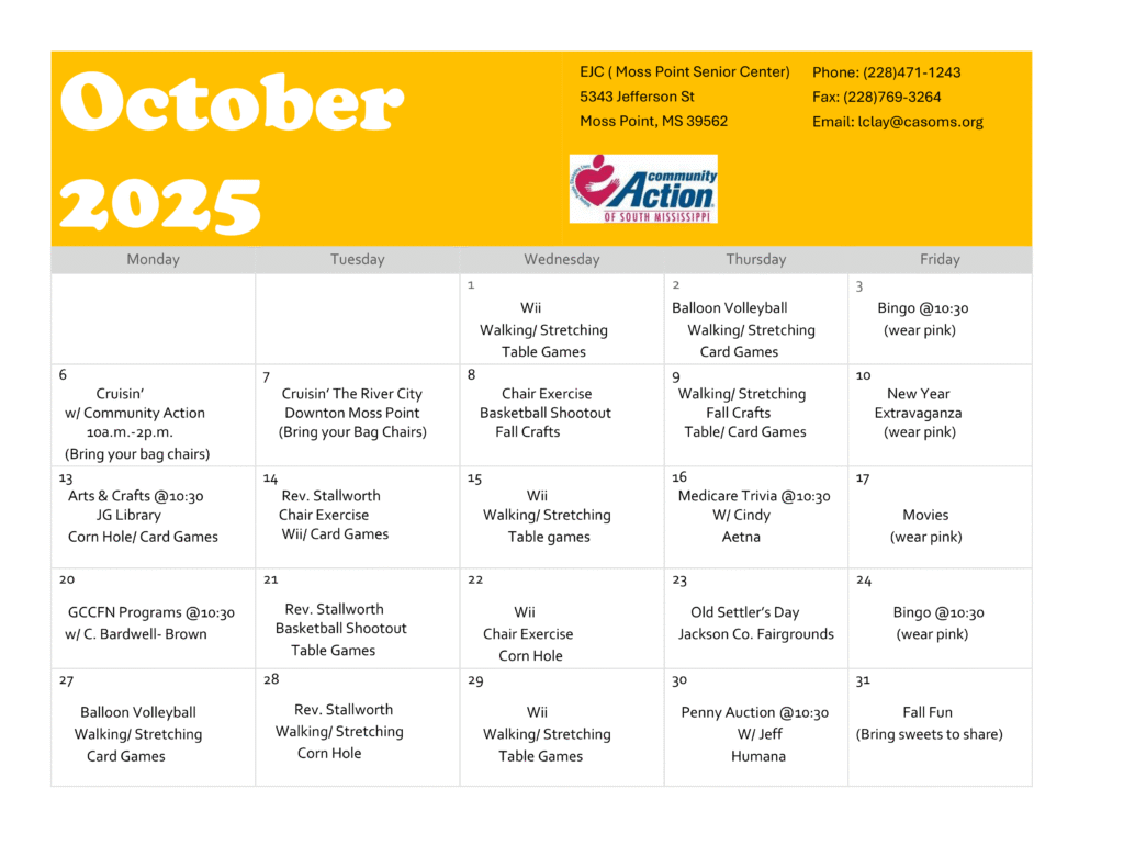 October 2025 Activities at the Moss Point Senior Center