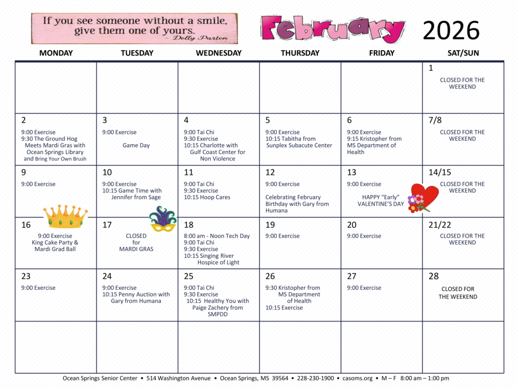 February 2026 Community Action newsletter page 1 highlighting Ocean Springs and Moss Point senior center programs