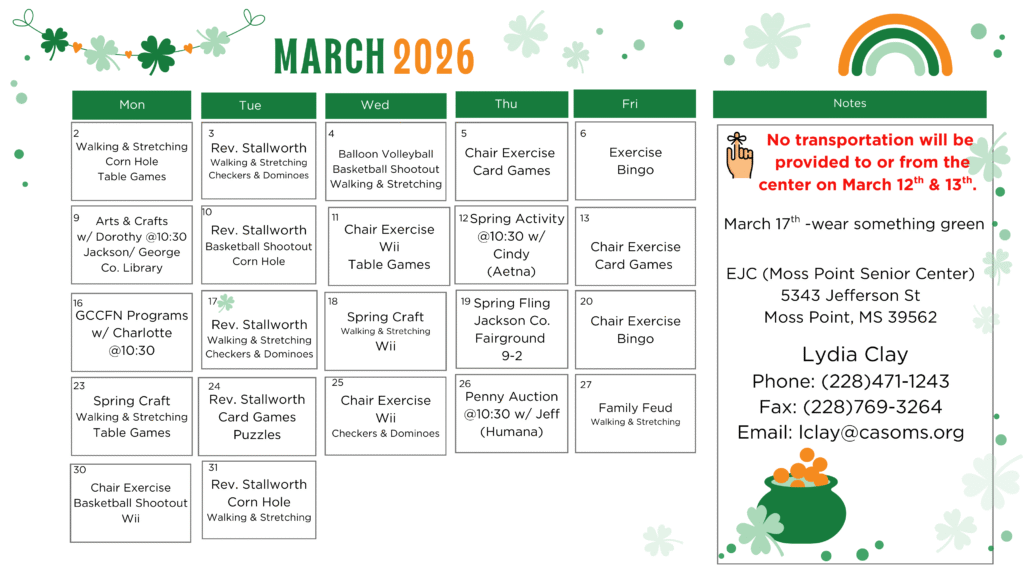 March 2026 activity calendar for the EJC Moss Point Senior Center showing daily fitness, games, Spring Fling, and St. Patrick's Day events