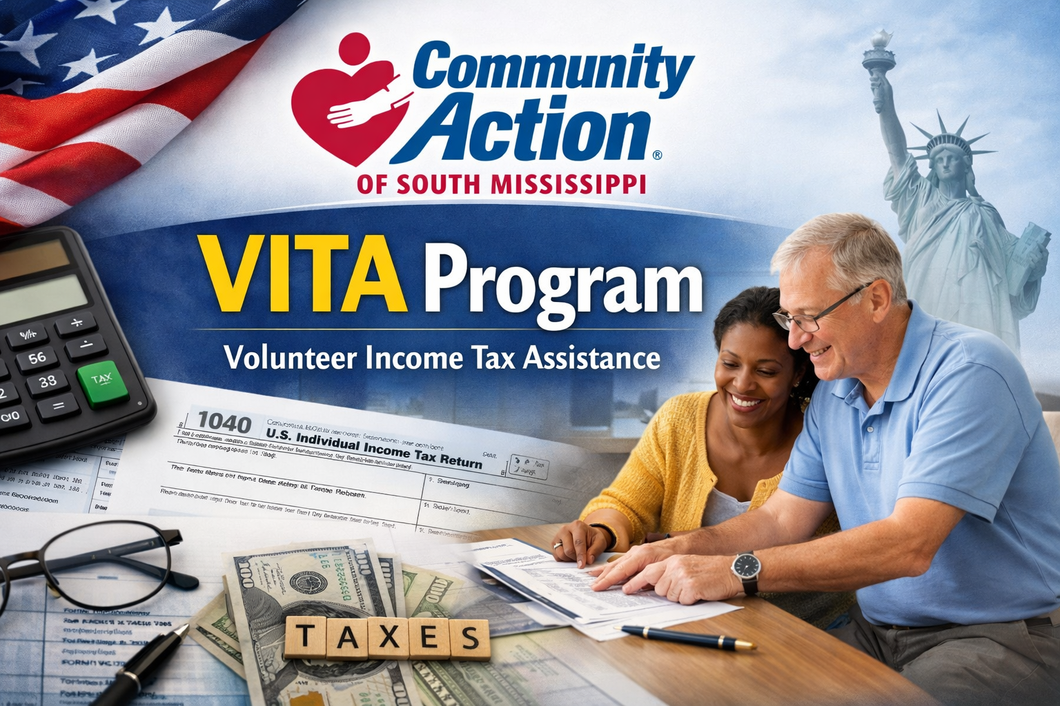 VITA tax assistance volunteer helping a community member prepare tax documents at Community Action of South Mississippi